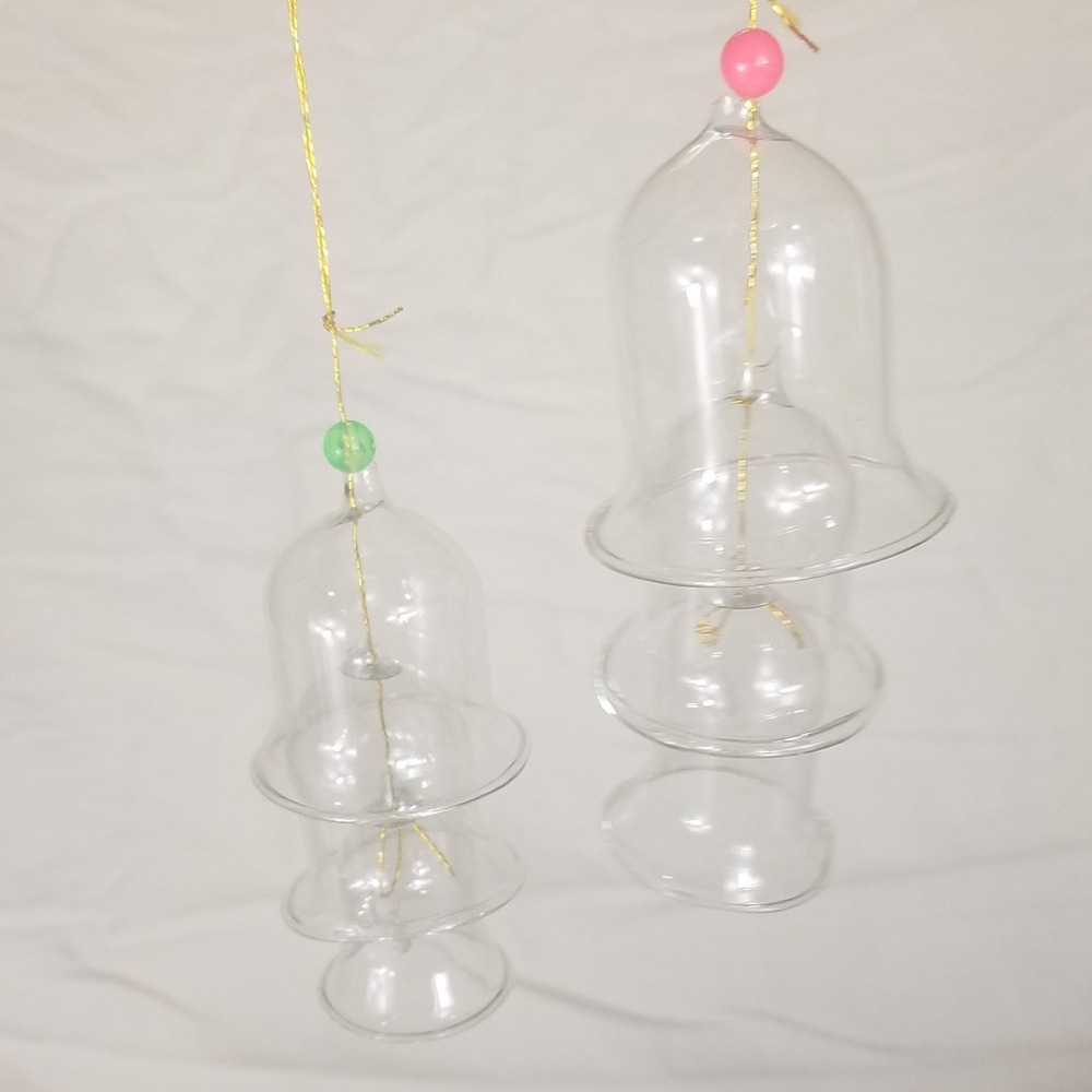 Glass Bell Ornaments Set of 2 Clear Excellent Tiered Gold Cord Beads
